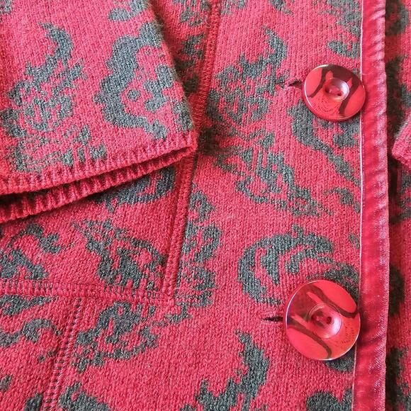 Amore Wool Sweater Dress Red Black Floral Button Down w Two Front Pockets Med - Picture 3 of 5
